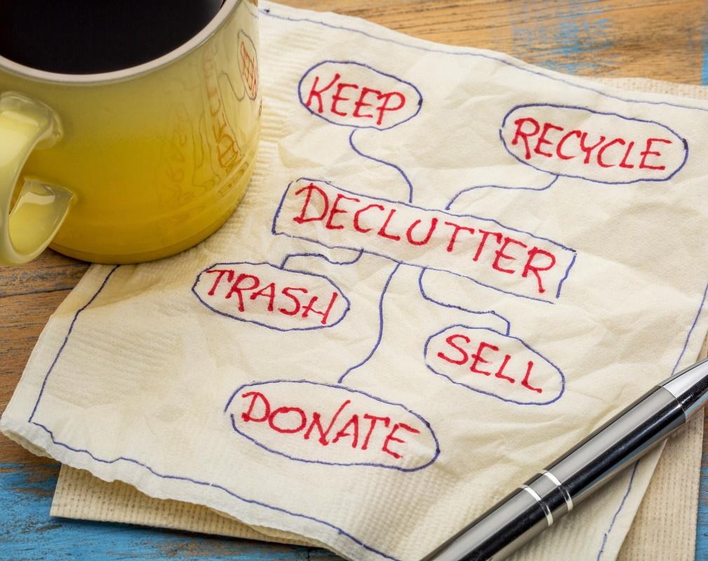 declutter concept (keep, recycle, trash, sell, donate - handwriting on napkin with a cup of coffee