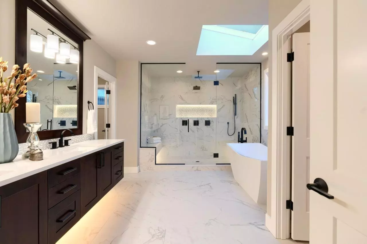 Luxury bathroom with soaking tub and multi-jet shower